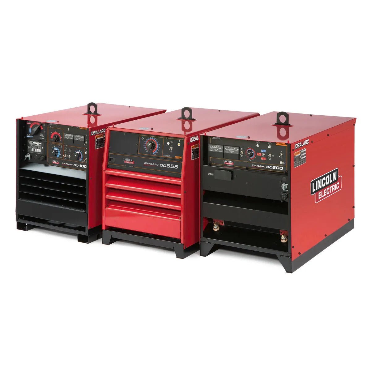 Three Lincoln Idealarc DC600 Multi-Process Welders (K1288-17) in red and black are positioned side by side, each equipped with knobs, vents, switches, and a top metal loop for lifting.