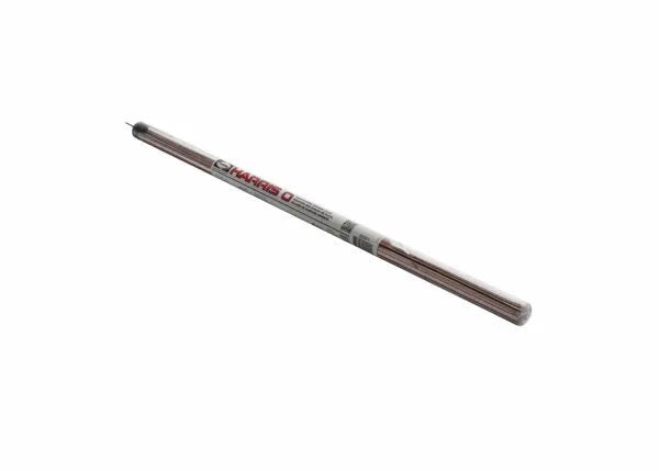 A 5-pack tube of Harris Harris 0 Phos-Copper Brazing Alloy, 0.050 x 1/8 in (1.3 x 3.2 mm), is visible through transparent packaging with a white and red label, product code 0620F15P.