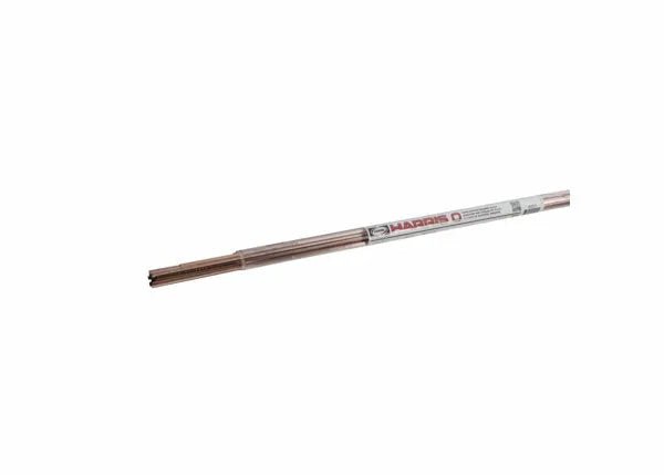 A 5-pack tube of Harris Harris 0 Phos-Copper Brazing Alloy (0.050 x 1/8 in, 0620F15P) is shown with rods partially inside a labeled sleeve, featuring a smooth reddish-brown surface—ideal as copper brazing filler metal.