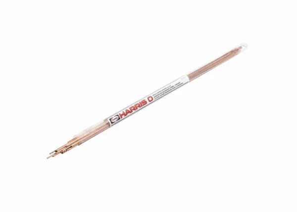 A clear plastic tube labeled Harris Harris 0 Phos-Copper Brazing Alloy - 0.050 x 1/8 in (1.3 x 3.2 mm) - 5 pack Tube - 0620F15P holds thin, copper-colored rods, shown against a plain white background.