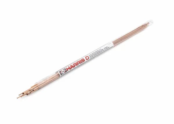 A tube of Harris 0 Phos Copper Brazing Alloy 1/8 sticks (14 per tube, model 0620R1) is shown on a white background, the copper-colored rods partially wrapped in clear plastic with a white and red HARRIS label.
