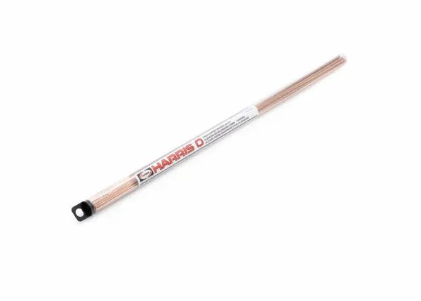 A clear plastic tube of Harris 0 Phos Copper Brazing Alloy 1/8 14 Stick Tube - 0620R1 sits diagonally on a white background. The label reads Harris D in red with black text, and one end is sealed with a black cap.