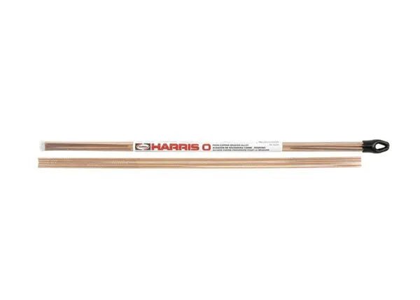 A clear plastic sleeve with a white label and red text contains a Harris 0 Phos Copper Brazing Alloy 1/8 14 Stick Tube (0620R1). Two metallic copper rods are displayed outside to show their thin, straight appearance.