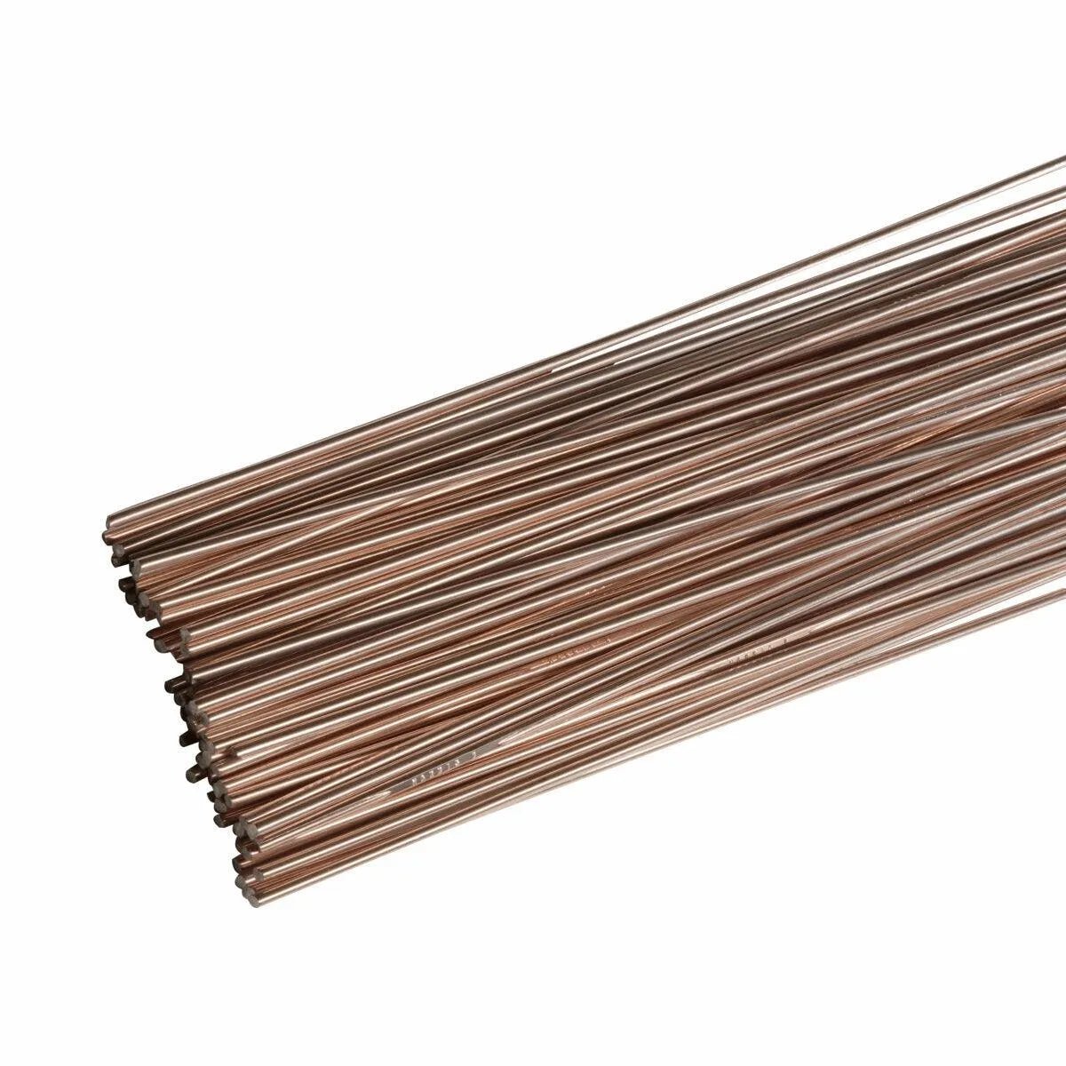 A bundle of Harris 0 Phos Copper Brazing Alloy rods (1/8 x 20, 25 lb box - 0620R) with smooth, shiny bronze surfaces, uniform length, and blunt ends are tightly grouped together on a white background.