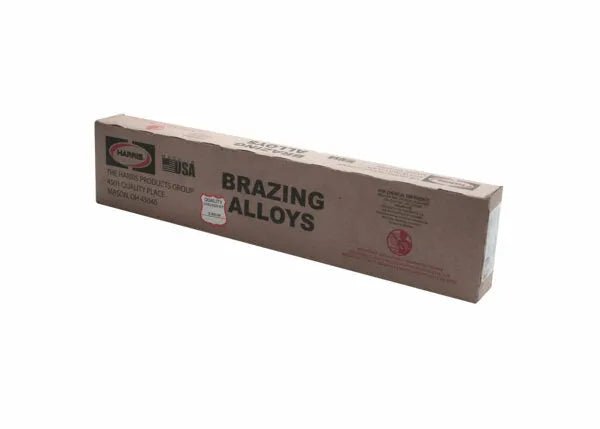 A rectangular brown box labeled BRAZING ALLOYS and branded by The Harris Products Group contains Harris 0 Phos Copper Brazing Alloy, 1/8 x 36, 25 lb (0636R), ideal for copper-to-copper applications. Box shown on a plain white background.