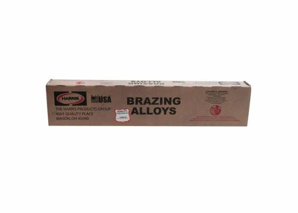 A light brown Harris 0 Phos Copper Brazing Alloy 3/32 SQ x 36 25 lb Box (0536S) from The Harris Products Group, labeled in black and red, is shown against a white background with details about copper brazing and filler metal.