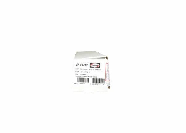 A slightly dented white cardboard box labeled Harris 1100 Aluminum GTAW Welding TIG Rod - 0110050, size 3/32 x 1/8 x 1.5, 1000 pcs, with barcode, sits centered on a white background.