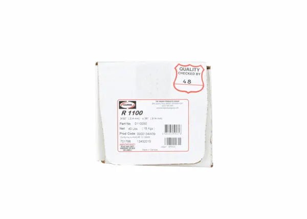 A white box labeled Harris 1100 Aluminum GTAW Welding TIG Rod - 0110050 holds corrosion-resistant aluminum rods. Box shows part number, weight, barcode, and a red QUALITY CHECKED BY 48 stamp. Plain background enhances clarity.