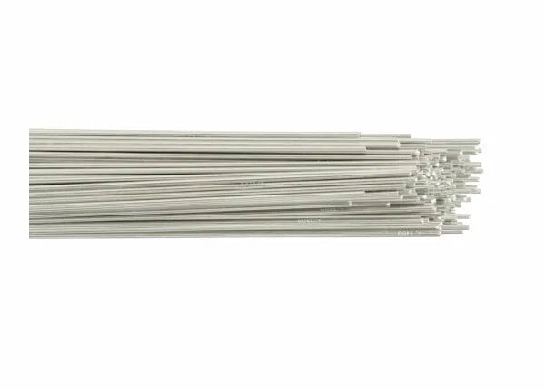 The Harris 1100 Aluminum GTAW Welding TIG Rods (1/8 x 36, 10LB Box - 0110060) are shown in a neat bundle with polished, corrosion-resistant surfaces, highlighting their smooth, shiny finish against a white background.