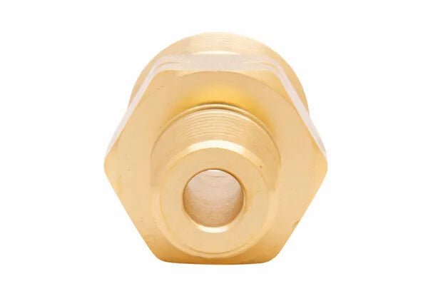 Harris 1/2" NPT LH Manifold Union Bushing 9005726 for welding equipment, hex brass body, upright on white background.