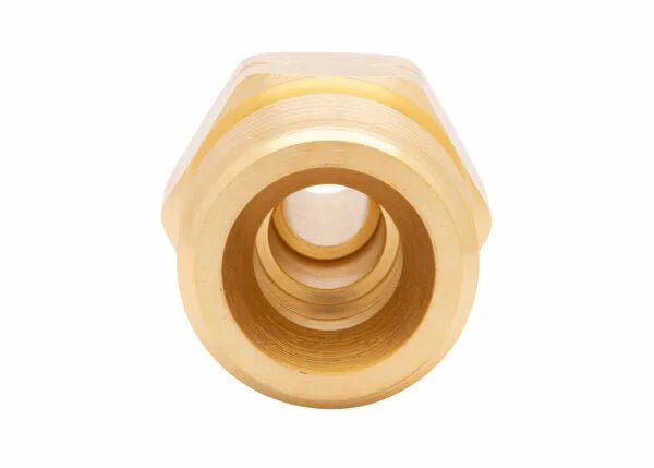 Close-up of Harris 1/2" NPT LH Manifold Union Bushing 9005726, brass welding accessory, hex body, on white background.