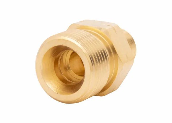 Harris 1/2" NPT LH Manifold Union Bushing 9005726, welding accessory with LH male threads, close-up on white background.