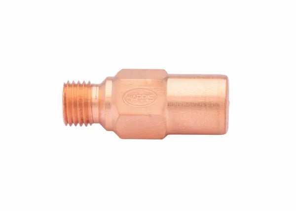 A copper-colored, hexagonal gas welding check valve with a threaded male end and smooth cylindrical body, made from durable tellurium copper, photographed against a white background.