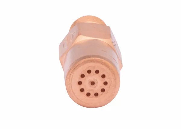 Copper-colored Harris 1390 OXY-ACETYLENE HEATING TIP with a hexagonal base and a round end featuring multiple small holes arranged in a circular pattern, isolated on a white background.