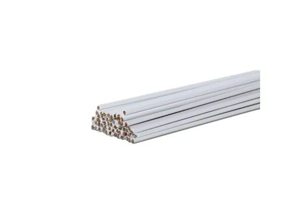 A bundle of Harris 15 Low-Fuming Bronze Flux-Coated Brazing Alloy rods (3/16 x 36, 10# PKG - 015FC80) is tightly grouped, showing their smooth ends on the left against a plain white background.