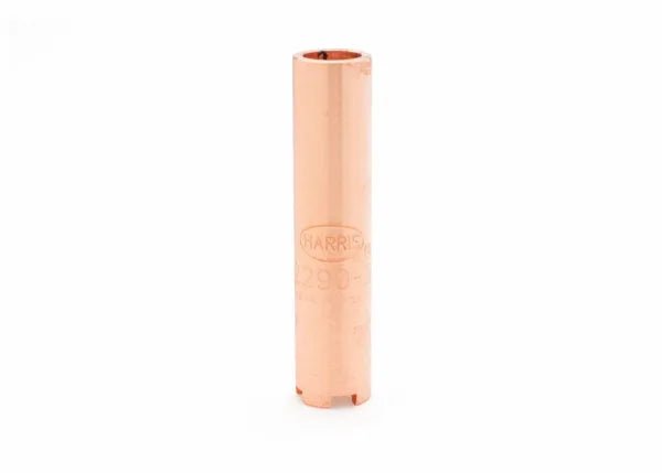 A cylindrical copper welding nozzle with a smooth surface, standing upright on a white background. Faintly visible on the side are “HARRIS” and numbers, indicating it’s compatible with a heavy-duty heating tip or 1 million BTU propane heating tip.