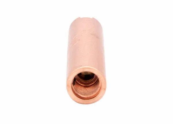 Close-up view of a copper-colored cylindrical metal connector or heavy-duty heating tip, shown from the front with a visible threaded interior, against a white background.