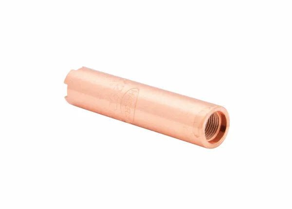 A copper welding nozzle with a cylindrical shape, threaded interior, and notched end, compatible with heavy-duty heating tips for applications up to 1 million BTU, displayed on a white background.