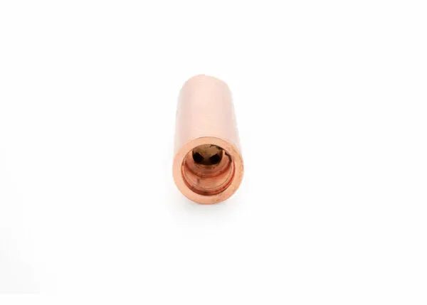 A close-up of a single copper heavy-duty heating tip, viewed from the end, showing its hollow interior and threaded section, isolated on a white background.