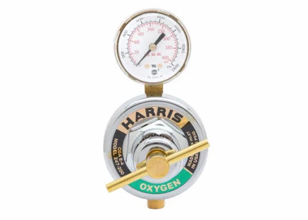 Harris 247-50-CR single stage oxygen regulator with top gauge, gold adjustment handle—ideal welding tool for precise gas control.