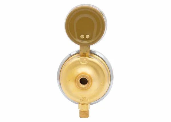 Harris 247-50-CR Single Stage Oxygen Regulator for welding, threaded inlet visible, open cap, on white background.