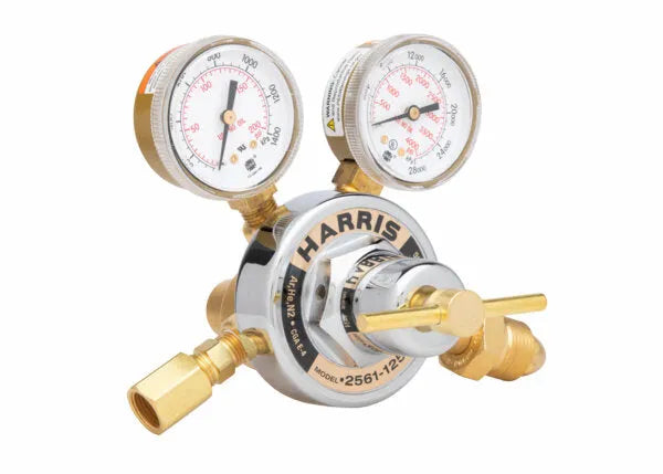 Harris 2561-125C-580 two-stage regulator for argon, helium, nitrogen, dual gauges, brass fittings, welding equipment.
