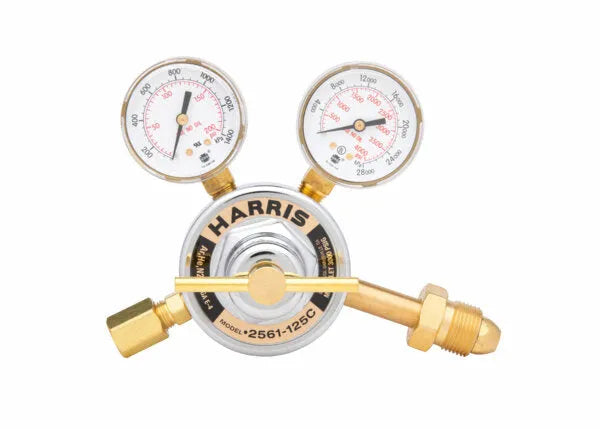 Harris 2561-125C-580 dual-stage welding gas regulator with gauges, brass body, and knob for precise Argon/Helium/Nitrogen control.