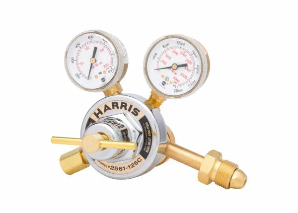 Harris 2561-125C-580 two-stage regulator for argon, helium, nitrogen with dual gauges and dial—essential welding accessory.