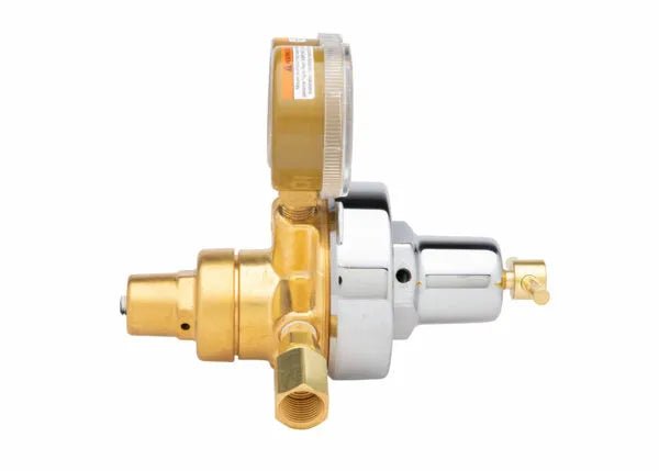 Harris 2561-125C-580 Two Stage Regulator for Argon/Helium/Nitrogen, brass body, gauge—welding equipment accessory.