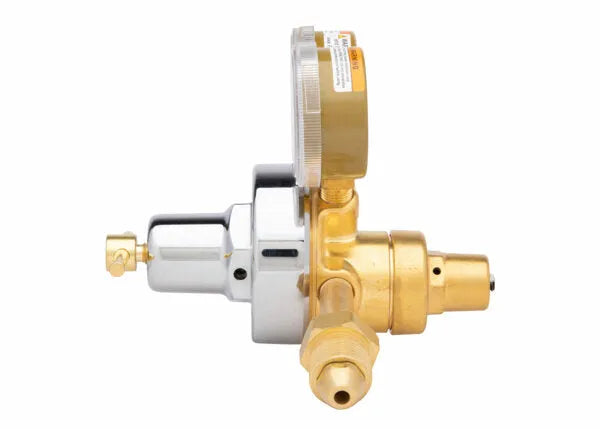 Harris 2561-125C-580 welding gas regulator with brass body, pressure gauge, and threaded fittings for argon/helium/nitrogen.