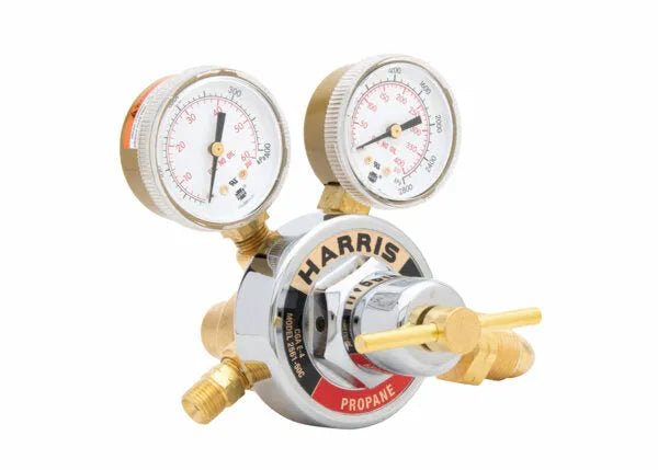 Harris 2561-50C-510P Two Stage LPG Propane Welding Regulator with dual pressure gauges, brass fittings at WeldingMart.