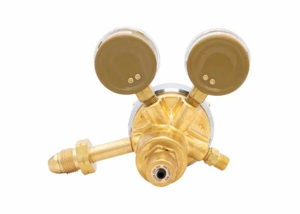 Harris 2561-50C-510P Two Stage Propane Regulator, brass, dual gauges, welding equipment accessory, front view on white.