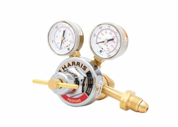 Harris 2561-50C-510P Two Stage Propane Regulator with dual pressure gauges, control knob—welding equipment accessory.