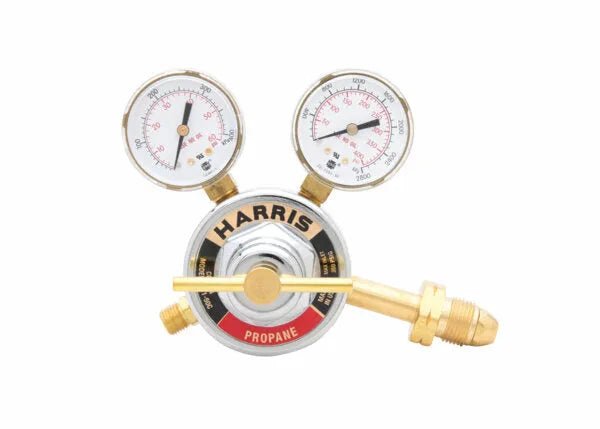Harris 2561-50C-510P Two Stage LPG/Propane Regulator with dual gauges, brass fitting for welding, on white background.