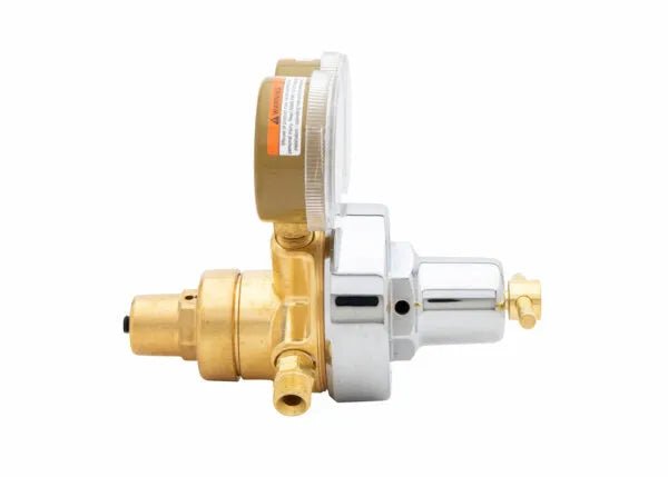 Harris 2561-50C-510P LPG/Propane Regulator for welding, brass & silver, pressure gauge, side view on white—WeldingMart tool.