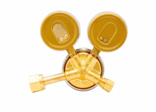 Harris 25GX-145-320 Single Stage CO2 Regulator for welding features dual gauges, two connectors, brass body; WeldingMart tool.