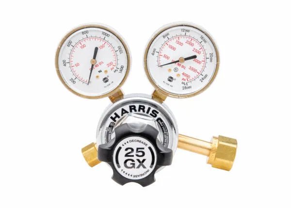 Harris 25GX-145-320 CO2 regulator for welding, single stage, dual gauges, brass fittings, black knob. Shown on white background.