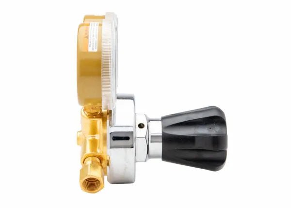 Side view of Harris 25GX-145-320 Single Stage CO2 Regulator for welding, brass/silver body, gauge, black knob, threaded connector.