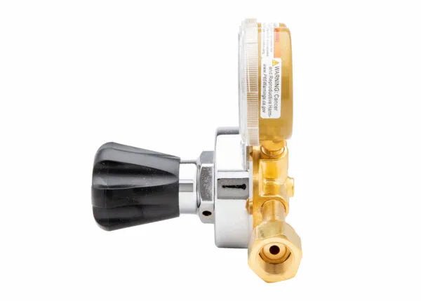 Harris 25GX-145-320 CO2 Regulator for welding, featuring black adjustment knob, pressure gauge, and brass fittings on white.