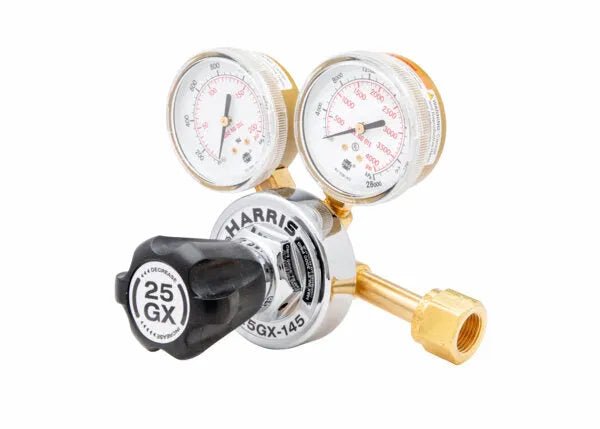 Harris 25GX-145-320 Single Stage CO2 Regulator for welding, dual gauges, black adjustment knob, brass fittings, model 3000599.