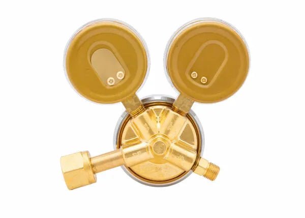 Harris 25GX-145-540 Oxygen Regulator (3000510) with dual gauges and connector, top view, for precise welding equipment use.