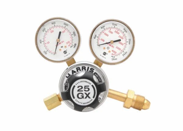 Harris 25GX-145-580 Argon Helium Nitrogen Regulator for welding, dual gauges, central knob, precise gas control, white background.