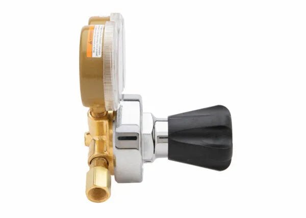 Harris 25GX-145-580 Single Stage Argon Helium Nitrogen Regulator for welding, with gauge and knob, side view on white.