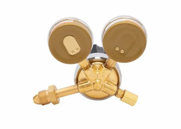 Harris 25GX-145-580 Argon Helium Nitrogen Welding Regulator with dual gauges, threaded connector, front view on white background.