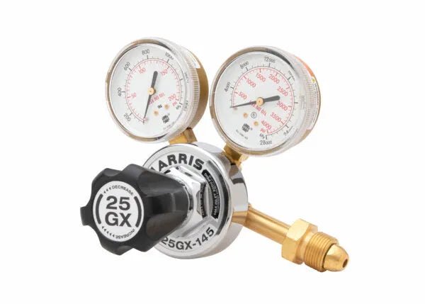 Harris 25GX-145-580 Single Stage Regulator for Argon, Helium, Nitrogen—dual gauges, black knob, welding gas control tool.