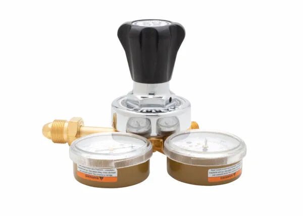 Harris 25GX-145-580 Argon Helium Nitrogen Regulator for welding, with black knob, dual gauges, brass fittings on white background.