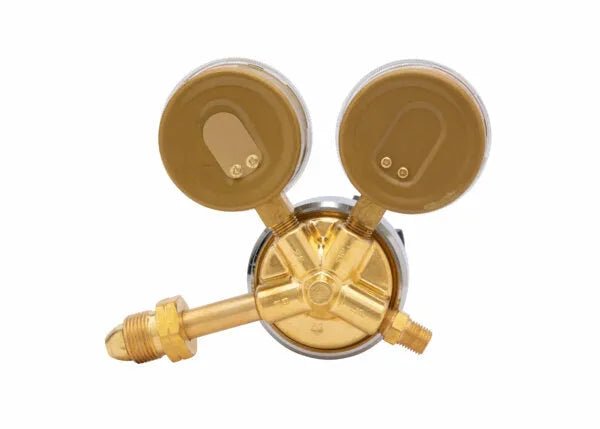 Harris 25GX-145-590 Single Stage Air Regulator with dual gauges and nozzles for welding tools, shown on white background.