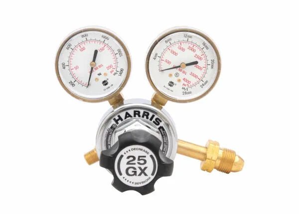 Harris 25GX-145-590 Single Stage Air Regulator for welders, with dual gauges and black knob, shown on white background.