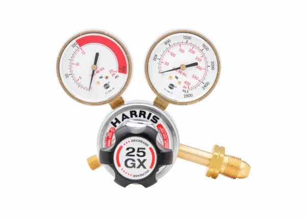 Harris 25GX-15-300 Single Stage Acetylene Regulator for welding, with dual gauges and black knob on white background.