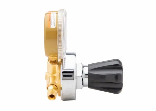 Harris 25GX-15-300 Acetylene Regulator, brass/chrome finish, black knob, clear gauge—welding tool on white background.